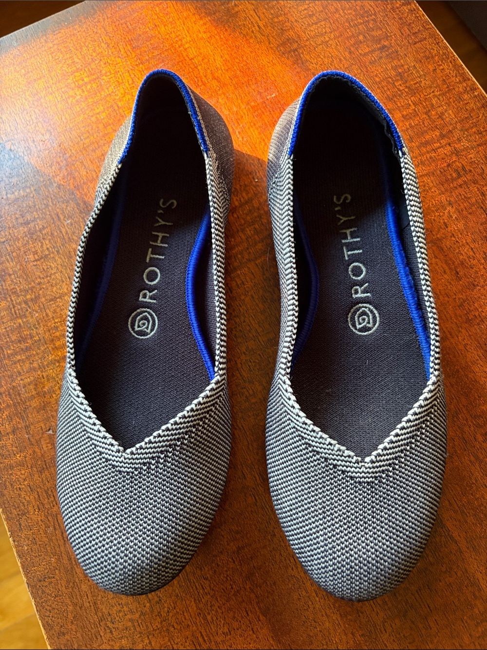 Rothy's Women's Black and White Knit Ballet Flats with Blue Trim